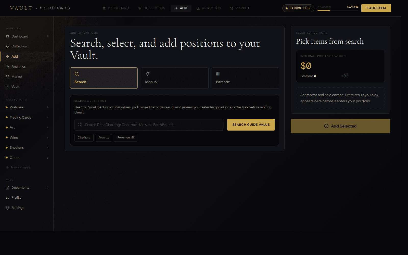 VAULT add page showing search mode, selected positions, and add selected action