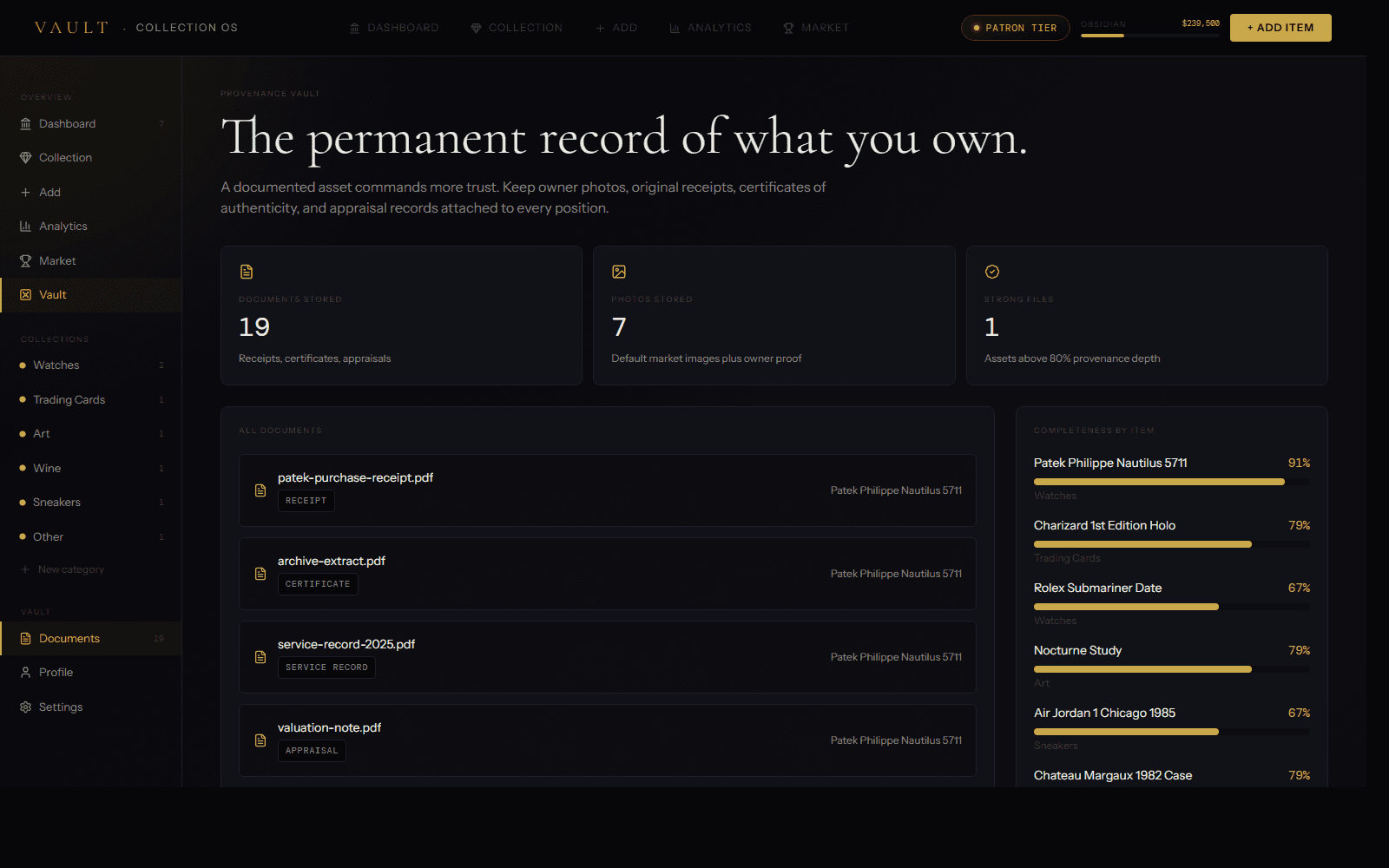 VAULT documents page showing receipts, certificates, photos, and provenance completion